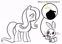 Size: 706x500 | Tagged: semi-grimdark, artist:duckchip, derpibooru import, edit, angel bunny, fluttershy, pegasus, pony, rabbit, angel is a bunny bastard, animal, bomb, coloring page, female, folded wings, image, imgflip, jpeg, mare, present, simple background, smiling, standing, text, this will end in death, this will end in tears, this will end in tears and/or death, weapon, white background, wings