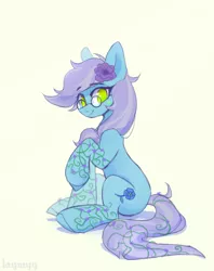 Size: 3534x4472 | Tagged: safe, artist:laymy, derpibooru import, oc, oc:linum, unofficial characters only, earth pony, pony, abstract background, female, flower, flower in hair, glasses, green eyes, image, looking at you, mare, no pupils, png, signature, sitting, smiling, smiling at you, solo