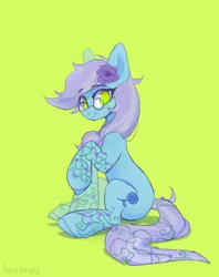 Size: 3534x4472 | Tagged: safe, artist:laymy, derpibooru import, oc, oc:linum, unofficial characters only, earth pony, pony, female, flower, flower in hair, glasses, green background, green eyes, image, looking at you, mare, no pupils, png, signature, simple background, sitting, smiling, smiling at you, solo