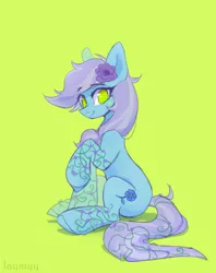 Size: 3534x4472 | Tagged: safe, artist:laymy, derpibooru import, oc, oc:linum, unofficial characters only, earth pony, pony, female, flower, flower in hair, green background, green eyes, image, looking at you, mare, no pupils, png, signature, simple background, sitting, smiling, smiling at you, solo