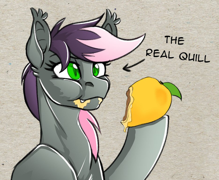 Size: 935x771 | Tagged: artist needed, safe, oc, oc:quill, oc:real quill, unofficial characters only, bat pony, pony, /mlp/, ear fluff, eating, food, image, jpeg, mango, messy eating, oil, oiled, solo