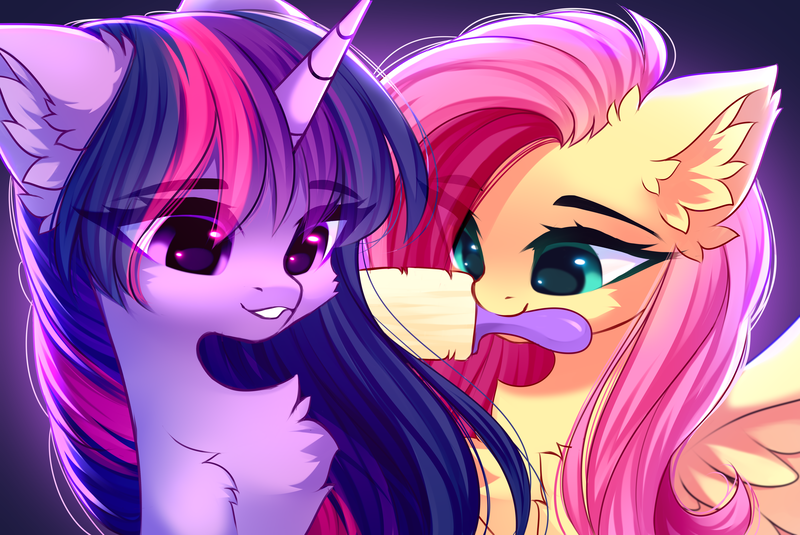 Size: 4932x3300 | Tagged: safe, artist:airiniblock, derpibooru import, fluttershy, twilight sparkle, pegasus, pony, unicorn, brush, brushing mane, cheek fluff, chest fluff, duo, duo female, ear fluff, eye clipping through hair, eyebrows, eyebrows visible through hair, female, gradient background, hairbrush, high res, horn, image, looking at someone, mare, mouth hold, png, purple eyes, rcf community, smiling, spread wings, teal eyes, teeth, unicorn twilight, wings