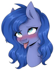 Size: 3592x4597 | Tagged: suggestive, artist:torihime, derpibooru import, oc, oc:shadow blue, unofficial characters only, earth pony, pony, ahegao, blue eyes, blue fur, blue hair, blushing, bust, cute, cute porn, eyebrows, eyebrows visible through hair, heart eyes, high res, image, open mouth, png, signature, simple background, solo, tongue out, transparent background, wingding eyes