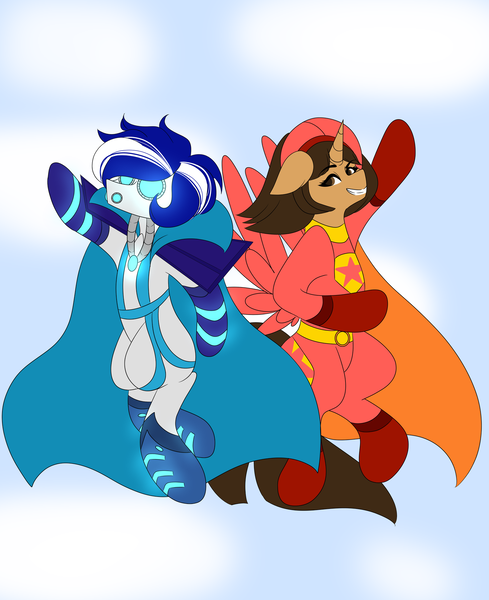 Size: 1669x2048 | Tagged: safe, artist:mikkybun, derpibooru import, oc, oc:ivislor, ponified, alicorn, cyborg, cyborg pony, pony, cape, clothes, commission, crossover, duo, female, flying, image, male, png, superhero, wordgirl