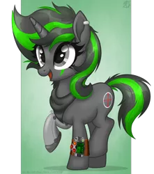 Size: 3168x3580 | Tagged: safe, alternate version, artist:108-zeroforce, derpibooru import, oc, oc:steady shot, pony, unicorn, fallout equestria, amputee, bandana, base used, commission, face paint, female, horn, image, mare, metal leg, piercing, pipbuck, png, prosthetic leg, prosthetic limb, prosthetics, raised leg, simple background, smiling, solo, unicorn oc, ych result