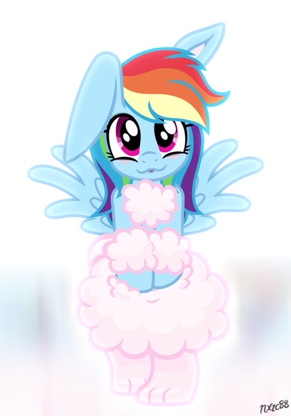 Size: 700x1000 | Tagged: safe, artist:nxzc88, derpibooru import, rainbow dash, hybrid, pegasus, pony, rabbit, :3, animal, bipedal, blushing, bright background, bunnified, cute, daaaaaaaaaaaw, dashabetes, floppy ears, fluffy, image, looking at you, one ear down, paws, png, signature, smiling, smiling at you, solo, species swap, spread wings, wings