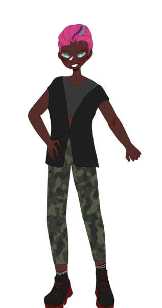 Size: 2090x3954 | Tagged: safe, artist:idkhesoff, derpibooru import, zipp storm, human, boots, camouflage, clothes, dark skin, derpibooru exclusive, g5, grin, hoodie, humanized, image, midriff, nonbinary, pants, png, shoes, simple background, sleeveless, sleeveless hoodie, smiling, socks, solo, sports bra, sweatpants, transparent background