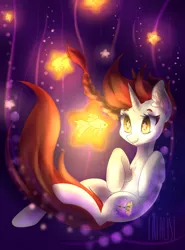 Size: 946x1280 | Tagged: safe, artist:kamikifox, derpibooru import, oc, unofficial characters only, fish, goldfish, pony, unicorn, bubble, chest fluff, commission, digital art, ear fluff, eyelashes, flowing mane, flowing tail, glow, horn, image, jpeg, red mane, smiling, solo, tail, underwater, water, wingding eyes, ych result, yellow eyes