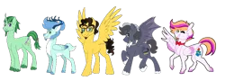 Size: 900x324 | Tagged: safe, artist:nivimonster, derpibooru import, oc, oc:nivi alien, oc:rapid hail, unofficial characters only, bat pony, deer, deer pony, original species, pegasus, peryton, pony, unicorn, image, male, png, rule 63, simple background, stallion, transparent background