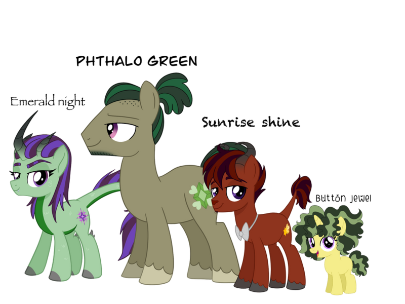 Size: 900x675 | Tagged: safe, artist:nivimonster, derpibooru import, oc, oc:button jewel, oc:emerald night, oc:phthalo green, oc:sunrise shine, hybrid, pony, unicorn, female, filly, image, male, png, simple background, stallion, transparent background