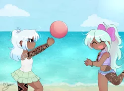 Size: 1899x1400 | Tagged: safe, artist:franshushu, derpibooru import, cloudchaser, flitter, human, alternate hairstyle, ball, beach, bikini, blushing, bow, bracelet, clothes, commission, dark skin, duo, ear piercing, earring, female, hair bow, humanized, image, jewelry, jpeg, ocean, open mouth, piercing, sand, siblings, sisters, sports bra, swimsuit, tattoo, twins, water