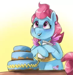 Size: 1795x1840 | Tagged: safe, artist:smirk, derpibooru import, cup cake, earth pony, semi-anthro, cake, clothes, ear piercing, food, frosting, image, looking up, piercing, png, solo