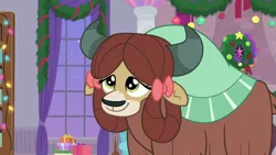 Size: 1280x720 | Tagged: safe, derpibooru import, screencap, yona, yak, the hearth's warming club, christmas, cute, decoration, holiday, image, png, present, smiling, solo, yonadorable