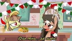 Size: 1280x720 | Tagged: safe, artist:archooves, derpibooru import, edit, oc, oc:sonorita, oc:tailcoatl, ponified, earth pony, pegasus, pony, alcohol, beer, drunk, food, heat, image, kitchen, mexican, mexico, nation ponies, party, png, spanish, taco