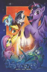 Size: 2063x3131 | Tagged: safe, artist:andypriceart, derpibooru import, idw, apple bloom, applejack, big macintosh, bon bon, derpy hooves, doctor whooves, fluttershy, lyra heartstrings, octavia melody, pinkie pie, princess celestia, princess luna, rainbow dash, rarity, scootaloo, spike, sweetie belle, sweetie drops, time turner, twilight sparkle, twilight sparkle (alicorn), vinyl scratch, alicorn, dragon, earth pony, pegasus, pony, unicorn, canterlot, canterlot castle, castle, cutie mark crusaders, eyes closed, female, filly, flying, freckles, image, jpeg, male, mane seven, mane six, mare, open mouth, rearing, royal sisters, siblings, sisters, stallion, wall of tags