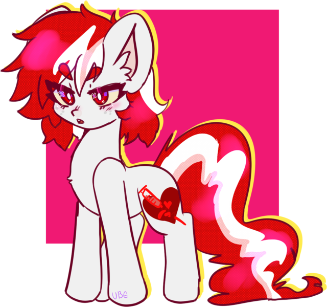 Size: 1224x1147 | Tagged: safe, artist:ube, artist:ubebreb, derpibooru import, oc, unofficial characters only, earth pony, angry, doodle, drawing, eyebrows, eyebrows visible through hair, fluffy, fluffy tail, image, no name character, no name yet, png, red eyes, solo, syringe, tail, tsundere