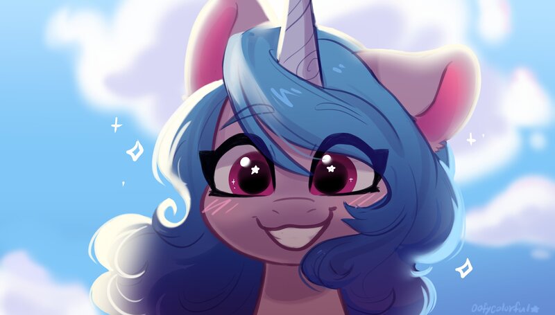 Size: 3368x1917 | Tagged: safe, alternate version, artist:colorfulcolor233, derpibooru import, izzy moonbow, pony, g5, my little pony: a new generation, bust, cloud, cute, ear down, image, izzybetes, jpeg, looking at you, portrait, scene interpretation, sky, smiling, solo, starry eyes, wingding eyes