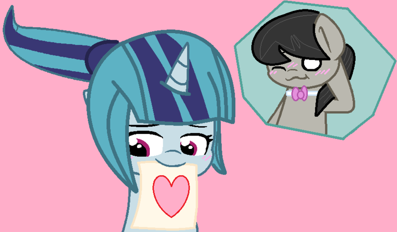 Size: 872x511 | Tagged: safe, artist:jadethepegasus, derpibooru import, octavia melody, sonata dusk, earth pony, pony, unicorn, blushing, female, heart, image, lesbian, mouth hold, one eye closed, png, shipping, sontavia