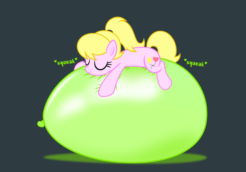 Size: 1314x920 | Tagged: safe, artist:nxzc88, derpibooru import, oc, oc:lola balloon, unofficial characters only, earth pony, pony, balloon, balloon riding, balloon sitting, eyes closed, female, gray background, image, lying down, mare, onomatopoeia, party balloon, png, ponytail, prone, show accurate, simple background, smiling, solo, squeak, that pony sure does love balloons