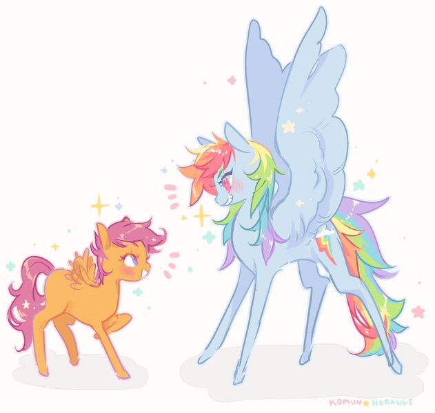 Size: 1729x1644 | Tagged: safe, artist:costly, derpibooru import, rainbow dash, scootaloo, pegasus, pony, blank flank, blushing, cute, duo, female, filly, image, jpeg, mare, profile, scootalove, smiling, spread wings, wings