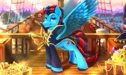 Size: 2000x1200 | Tagged: safe, artist:darksly, derpibooru import, oc, oc:andrew swiftwing, unofficial characters only, pegasus, clothes, commission, crepuscular rays, gold, image, jpeg, looking at you, male, ocean, pegasus oc, pirate ship, smiling, solo, treasure chest, wings