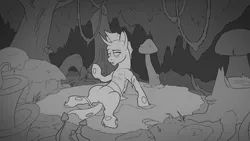Size: 3840x2160 | Tagged: safe, artist:cocaine, derpibooru import, changeling, commission, confused, forest, image, lineart, monochrome, moss, mushroom, png, tree, waking up, wip