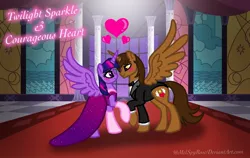 Size: 1024x646 | Tagged: safe, artist:melspyrose, derpibooru import, twilight sparkle, twilight sparkle (alicorn), oc, oc:courageous heart, alicorn, pony, canon x oc, canterlot, canterlot castle, clothes, dress, gala, gala dress, image, jpeg, love, tuxedo