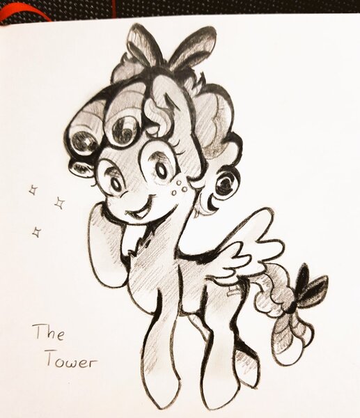 Size: 883x1024 | Tagged: safe, artist:fipoki, derpibooru import, cozy glow, pegasus, pony, cozybetes, cute, female, filly, image, jpeg, pencil drawing, solo, stars, the tower, traditional art