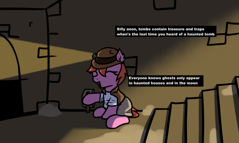 Size: 1176x705 | Tagged: safe, artist:neuro, derpibooru import, oc, unofficial characters only, earth pony, pony, clothes, dialogue, explorer outfit, eyes closed, female, flashlight (object), headlamp, holding, image, implied anon, lever, mare, open mouth, png, sitting, smiling, solo, stairs, tomb