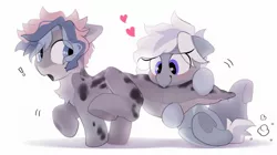 Size: 2048x1148 | Tagged: safe, artist:frisitea_cakes, artist:mochi_nation, derpibooru import, oc, oc:frisi, oc:silver bolt, unofficial characters only, earth pony, pony, duo, exclamation point, eye clipping through hair, heart eyes, hug, image, jpeg, personal space invasion, simple background, tail, tail hug, underhoof, white background, wingding eyes