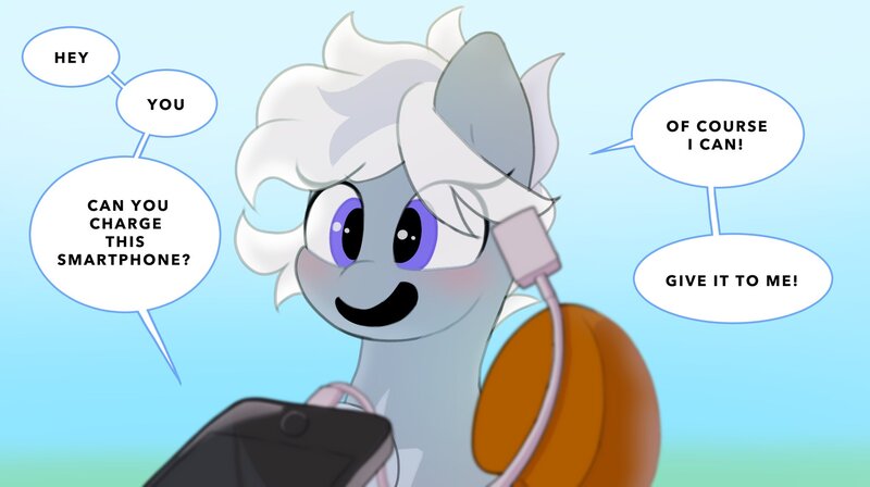 Size: 2048x1148 | Tagged: safe, artist:mochi_nation, derpibooru import, oc, oc:silver bolt, unofficial characters only, earth pony, pony, dialogue, image, jpeg, mobile phone, offscreen character, phone, smartphone, solo focus, speech bubble