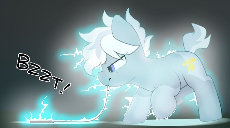 Size: 2048x1148 | Tagged: safe, artist:mochi_nation, derpibooru import, oc, oc:silver bolt, unofficial characters only, earth pony, pony, charging, electricity, female, image, jpeg, mare, mobile phone, mouth hold, phone, smartphone, solo