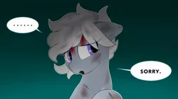 Size: 2048x1148 | Tagged: safe, artist:mochi_nation, derpibooru import, oc, oc:silver bolt, unofficial characters only, earth pony, pony, ..., blood, bust, dialogue, gradient background, image, injured, jpeg, singed, solo, speech bubble