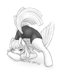 Size: 1368x1652 | Tagged: suggestive, artist:pepperoach, derpibooru import, blossomforth, backbend, clothes, contortionist, face down ass up, flexible, image, jacko challenge, meme, monochrome, pants, png, solo, yoga pants