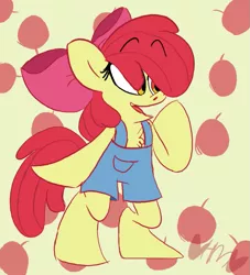 Size: 725x800 | Tagged: safe, artist:mirabuncupcakes15, derpibooru import, apple bloom, earth pony, pony, semi-anthro, apple, bipedal, chest fluff, clothes, female, filly, food, image, overalls, png, solo