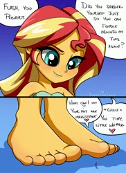 Size: 2300x3153 | Tagged: safe, artist:ameliacostanza, derpibooru import, flash sentry, sunset shimmer, equestria girls, barefoot, feet, female, fetish, foot fetish, giantess, image, jpeg, macro, shrunken