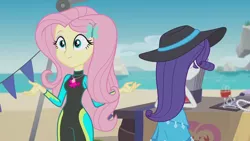 Size: 3410x1920 | Tagged: safe, derpibooru import, screencap, fluttershy, rarity, equestria girls, equestria girls series, too hot to handle, beach, clothes, female, geode of fauna, hairpin, high res, image, jewelry, jpeg, magical geodes, necklace, smiling, swimsuit