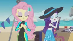 Size: 3410x1920 | Tagged: safe, derpibooru import, screencap, fluttershy, rarity, crab, equestria girls, equestria girls series, too hot to handle, beach, clothes, eyes closed, female, geode of fauna, geode of shielding, hairpin, high res, image, jewelry, jpeg, magical geodes, necklace, open mouth, smiling, swimsuit