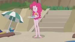 Size: 3410x1920 | Tagged: safe, derpibooru import, screencap, pinkie pie, equestria girls, equestria girls series, too hot to handle, barefoot, beach, clothes, feet, female, high res, image, jpeg, one-piece swimsuit, solo, swimsuit