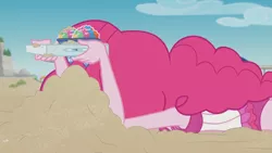 Size: 3410x1920 | Tagged: safe, derpibooru import, screencap, pinkie pie, equestria girls, equestria girls series, too hot to handle, beach, clothes, faceplant, female, high res, image, jpeg, one-piece swimsuit, solo, swimsuit