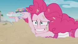 Size: 3410x1920 | Tagged: safe, derpibooru import, screencap, pinkie pie, equestria girls, equestria girls series, too hot to handle, beach, clothes, female, grin, high res, image, jpeg, nailed it, one-piece swimsuit, smiling, solo, swimsuit
