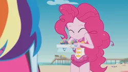 Size: 3410x1920 | Tagged: safe, derpibooru import, screencap, pinkie pie, rainbow dash, equestria girls, equestria girls series, too hot to handle, beach, clothes, eyes closed, female, geode of sugar bombs, high res, image, jewelry, jpeg, magical geodes, necklace, one-piece swimsuit, swimsuit