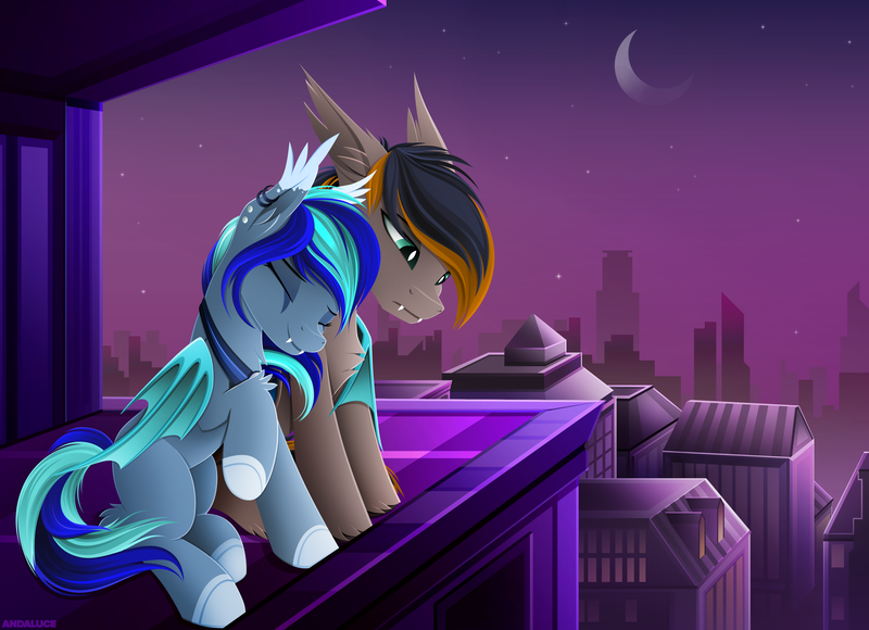 Size: 2990x2166 | Tagged: safe, artist:andaluce, derpibooru import, oc, oc:black night, oc:moonlight selene, unofficial characters only, bat pony, bat pony oc, bat wings, building, city, cityscape, comforting, cute, eyes closed, fangs, fluffy, hug, image, lineless, moon, night, png, scenery, winghug, wings
