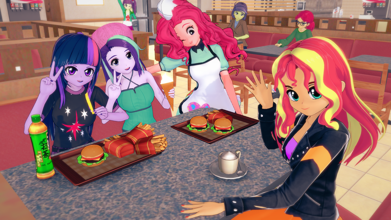 Size: 1920x1080 | Tagged: safe, artist:ratachu666, derpibooru import, pinkie pie, starlight glimmer, sunset shimmer, twilight sparkle, equestria girls, 3d, burger, chocolate, food, french fries, hamburger, hot chocolate, ice cream, ice cream cone, image, koikatsu, looking at you, peace sign, png, server pinkie pie, twilight burgkle, waitress, whipped cream