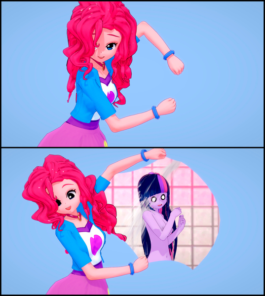 Size: 1920x2144 | Tagged: questionable, artist:ratachu666, derpibooru import, pinkie pie, twilight sparkle, equestria girls, 2 panel comic, 3d, behold, breasts, cartoon physics, comic, duo, duo female, female, females only, image, jpeg, koikatsu, neptune's spatula, nipples, nudity, pinkie being pinkie, pinkie physics, shower, spongebob squarepants