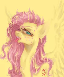 Size: 2878x3467 | Tagged: safe, artist:coconuthound, derpibooru import, fluttershy, pegasus, pony, alternative cutie mark placement, bust, dripping, facial cutie mark, image, messy mane, open mouth, png, portrait, simple background, solo, tongue out, yellow background