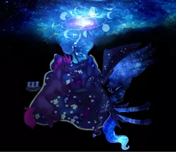 Size: 1280x1110 | Tagged: safe, artist:glorymoon, derpibooru import, princess luna, tempest shadow, alicorn, pony, unicorn, curved horn, female, horn, image, jpeg, lesbian, magic, mare, shipping, starry wings, story included, tempestluna, wings