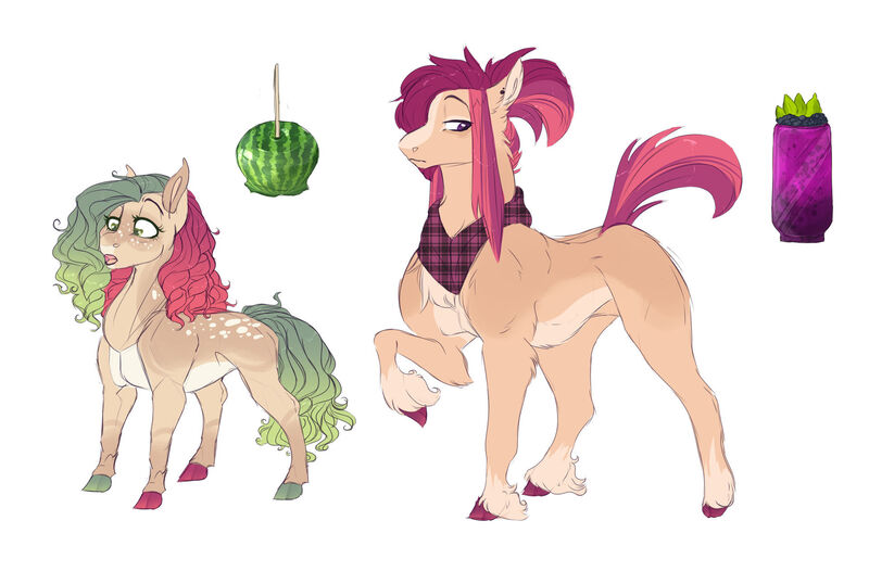 Size: 1920x1292 | Tagged: safe, artist:glorymoon, derpibooru import, oc, oc:bourbon blackberry, oc:strawberry melon spritz, unofficial characters only, earth pony, pony, female, filly, image, jpeg, magical lesbian spawn, male, offspring, parent:babs seed, parent:twist, parents:babstwist, siblings, simple background, stallion, white background