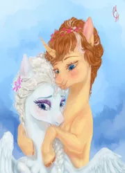 Size: 413x573 | Tagged: safe, artist:coconuthound, derpibooru import, ponified, pegasus, pony, unicorn, anna (frozen), braid, curved horn, duo, elsa, female, flower, flower in hair, frozen (movie), horn, hug, image, jpeg, siblings, sisters