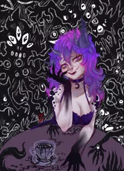 Size: 2878x3967 | Tagged: safe, artist:coconuthound, derpibooru import, princess luna, human, alternative cutie mark placement, black goo, breasts, busty princess luna, choker, claws, cleavage, clothes, creepy, creepy smile, cup, cutie mark on human, devil horns, dress, eared humanization, ear fluff, fangs, female, fishnet gloves, hand, high res, horns, humanized, image, monster, png, slit pupils, smiling, solo, table, teacup
